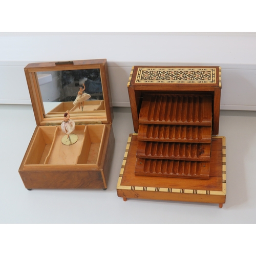 90 - Vintage wooden marquetry inlaid musical cigarette dispenser box and wooden musical ballerina jewelle... 