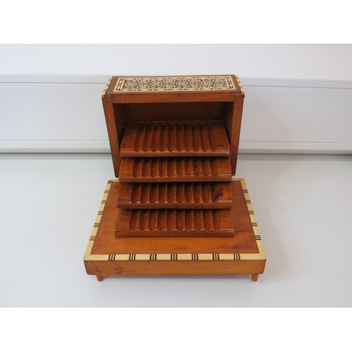 90 - Vintage wooden marquetry inlaid musical cigarette dispenser box and wooden musical ballerina jewelle... 