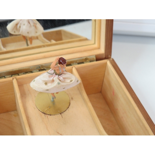 90 - Vintage wooden marquetry inlaid musical cigarette dispenser box and wooden musical ballerina jewelle... 