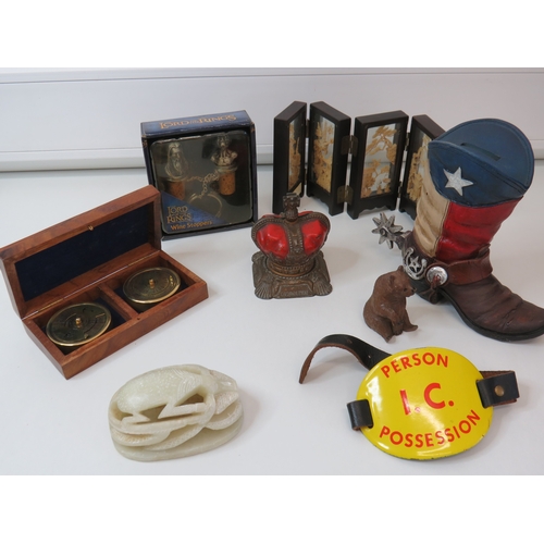 92 - Assorted collectables including carved Black Forest bear, soapstone scarab beetle, vintage Railway a... 