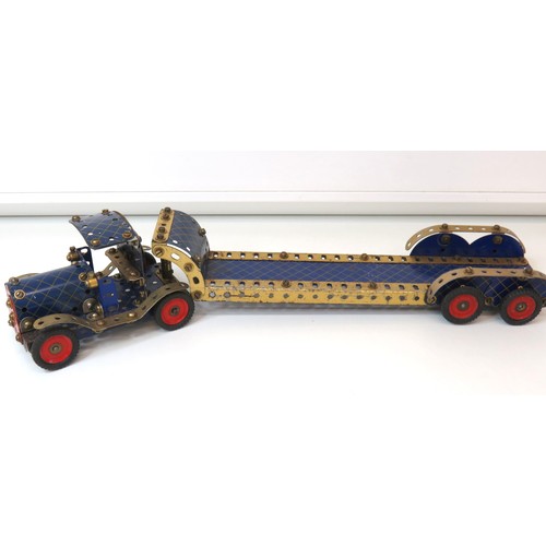 210 - 1950s Meccano tractor lorry and articulated low loader trailer.