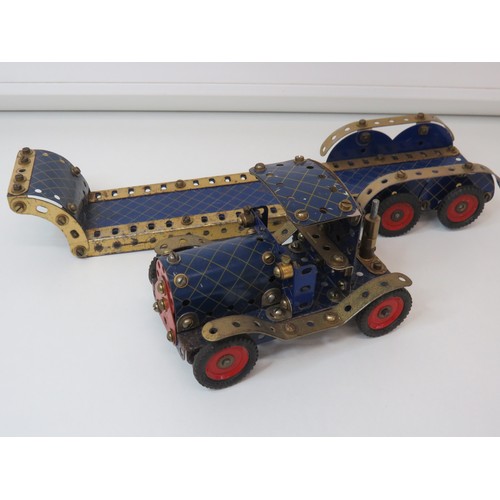 210 - 1950s Meccano tractor lorry and articulated low loader trailer.