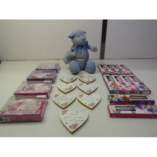 225 - Collection of mum pins and dishes, four wooden trinket boxes and a teddy door stop