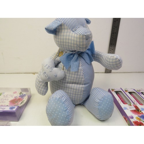 225 - Collection of mum pins and dishes, four wooden trinket boxes and a teddy door stop