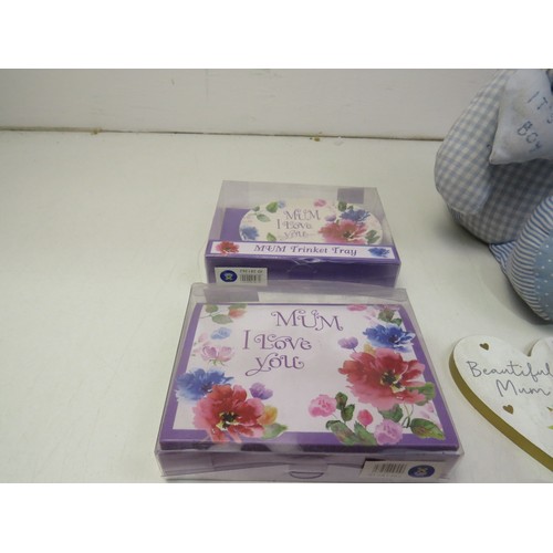 225 - Collection of mum pins and dishes, four wooden trinket boxes and a teddy door stop