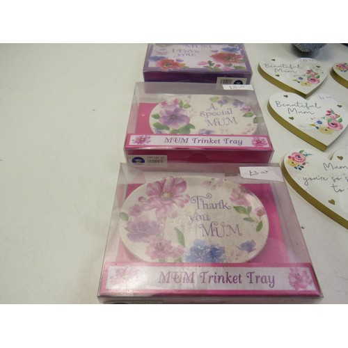 225 - Collection of mum pins and dishes, four wooden trinket boxes and a teddy door stop