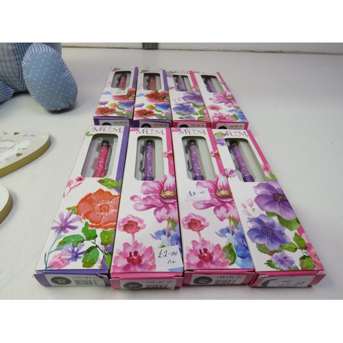 225 - Collection of mum pins and dishes, four wooden trinket boxes and a teddy door stop