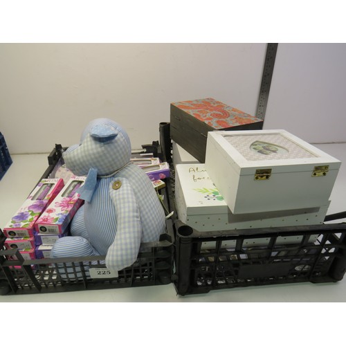 225 - Collection of mum pins and dishes, four wooden trinket boxes and a teddy door stop