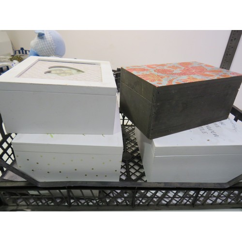 225 - Collection of mum pins and dishes, four wooden trinket boxes and a teddy door stop