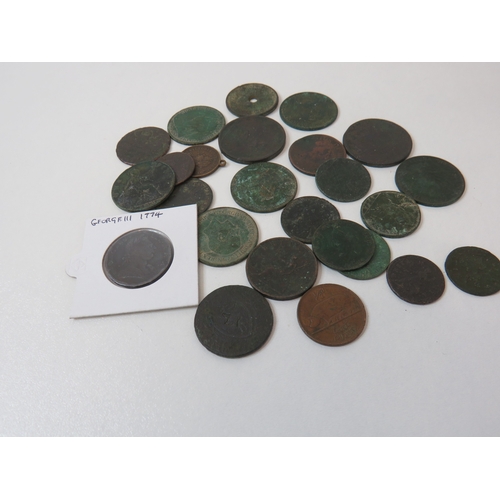 41 - George III 1774 half penny mounted and other Georgian coins and tokens