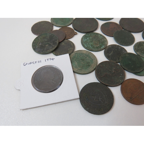 41 - George III 1774 half penny mounted and other Georgian coins and tokens
