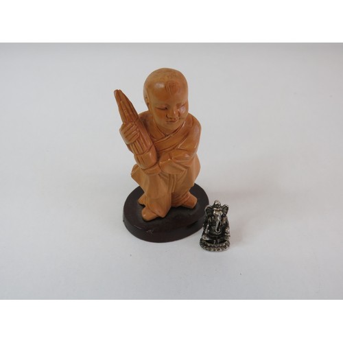 41C - Indian silvered Ganesha statue and a wood chinese carving