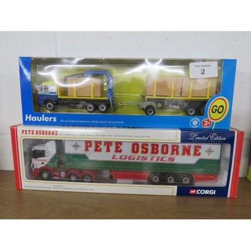 2 - Two boxed diecast trucks to include limited edition corgi Pete Osbourne and Tesco haulers