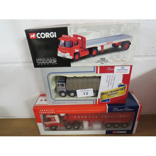 12 - Three boxed corgi diecast trucks to include Guy Warrior, Road Transport Heritage and Knowles Transpo... 