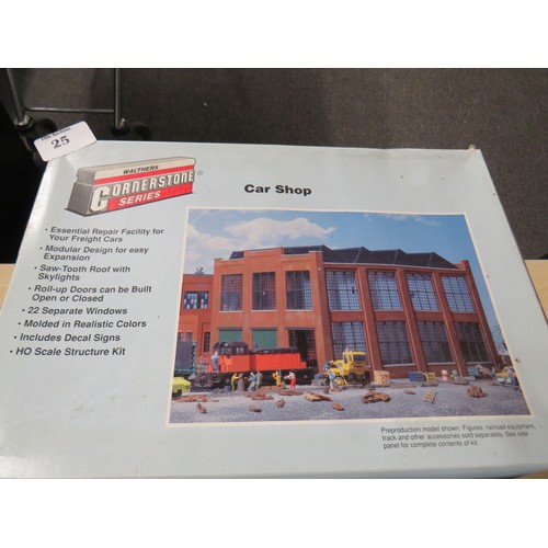 25 - Three Walthers cornerstone series model buildings to include car shop, Golden Valley Canning Co. and... 