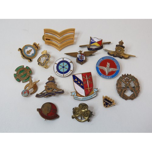 Fifteen assorted pin badges including military