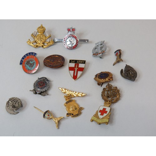 Fifteen assorted pin badges including military