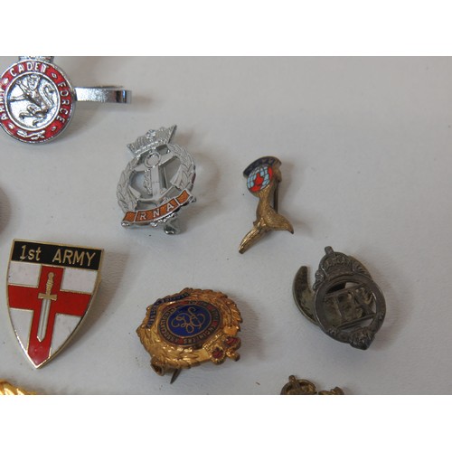 Fifteen assorted pin badges including military