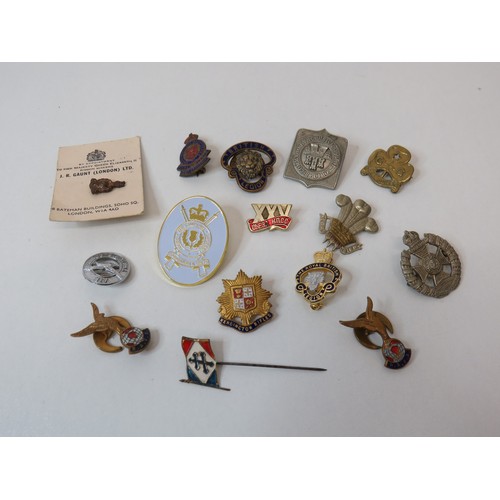 Fifteen assorted pin badges including military