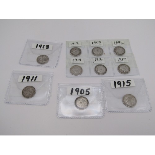 13 - Ten pre 1920 silver Threepence coins.