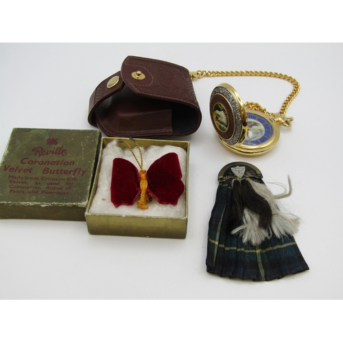 81 - Eagle Pocket Watch with leather case, Reville Coronation butterfly brooch with original box and a Sc... 