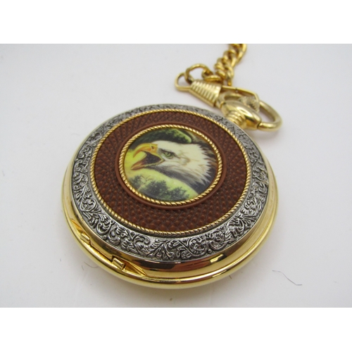 81 - Eagle Pocket Watch with leather case, Reville Coronation butterfly brooch with original box and a Sc... 