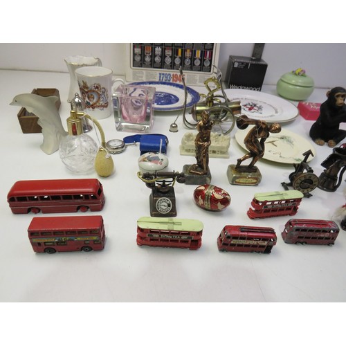 146 - Mixed box of collectables including Sylvac, Wedgwood, Royal Doulton, vintage buses, and more.