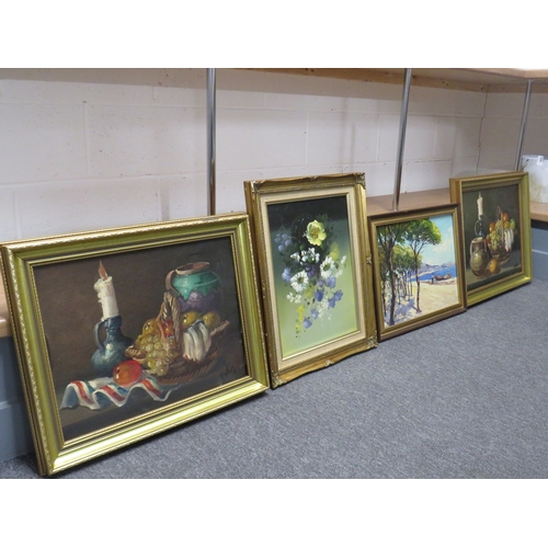 109 - Four large framed oil paintings.