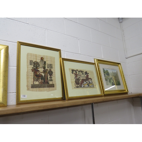 110 - Three framed pictures including Egyptian papyrus.