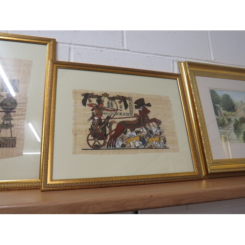 110 - Three framed pictures including Egyptian papyrus.
