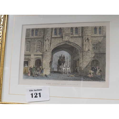 121 - Three gold gilt framed pictures including watercolour painting.