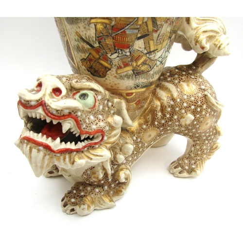 1 - A pair of Japanese Satsuma Kylim Temple Dog vases, signed and dated.
C1880/1890