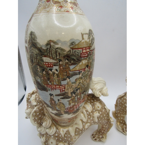 1 - A pair of Japanese Satsuma Kylim Temple Dog vases, signed and dated.
C1880/1890