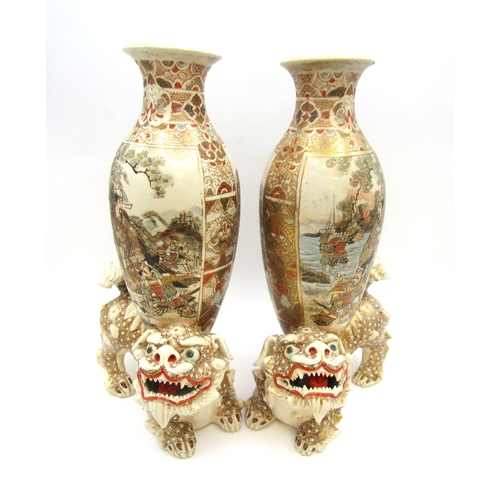 1 - A pair of Japanese Satsuma Kylim Temple Dog vases, signed and dated.
C1880/1890
