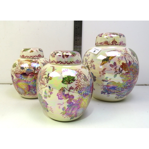 8 - A set of three Mason's pearl lustre Fruit Basket design Ginger jars.