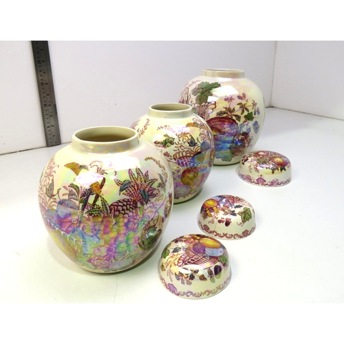 8 - A set of three Mason's pearl lustre Fruit Basket design Ginger jars.