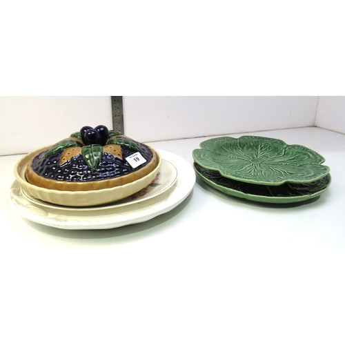 19 - Vintage plates and dishes including Borhallo Pinheiro cabbage plates and Blueberry pie dish.