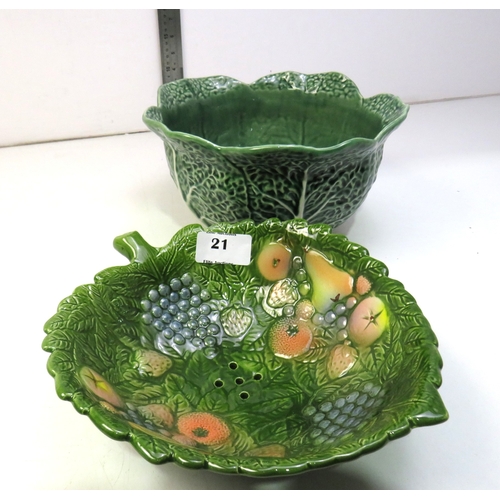 21 - Majolica green leaf fruit bowl and Bordallo Pinheiro cabbage leaf bowl.