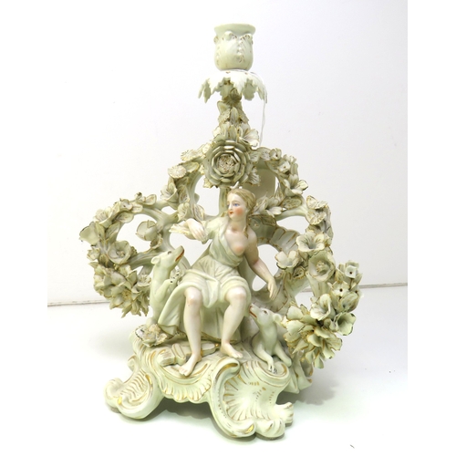 34 - Antique German Sitzendorf rococo porcelain figural (Psyche and dog) candelabrum c1870.
