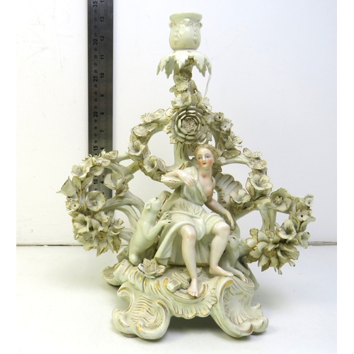34 - Antique German Sitzendorf rococo porcelain figural (Psyche and dog) candelabrum c1870.