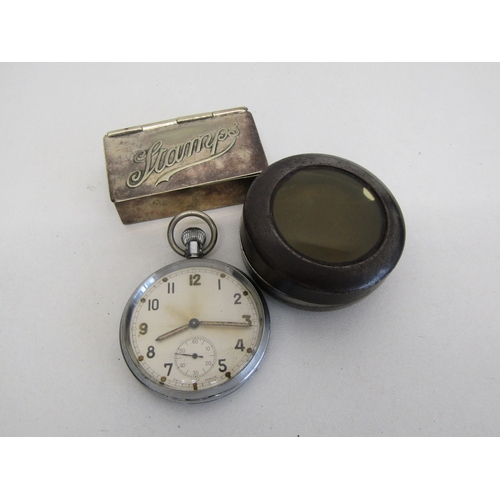 26 - Vintage GSTP military pocket watch with case and silver plated stamp box.