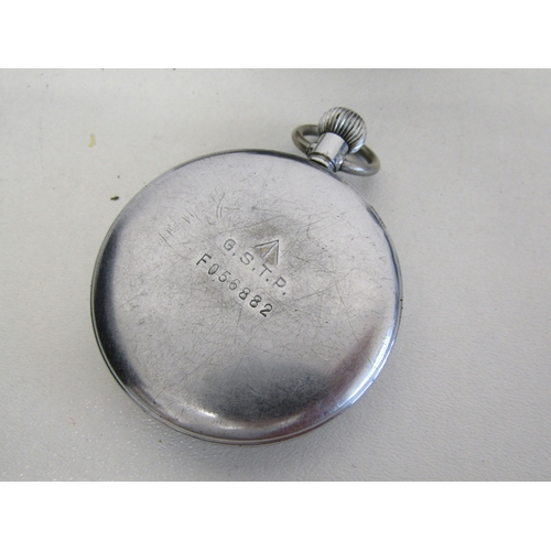 26 - Vintage GSTP military pocket watch with case and silver plated stamp box.