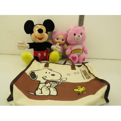 169 - Vintage plush toys, Mickey, care bear, glow worm, and snoopy all mint condition