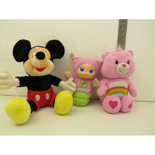 169 - Vintage plush toys, Mickey, care bear, glow worm, and snoopy all mint condition