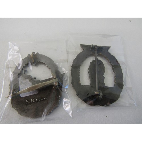 167 - Two WWII German Kriegsmarine makers marked badges- destroyers and mine sweepers