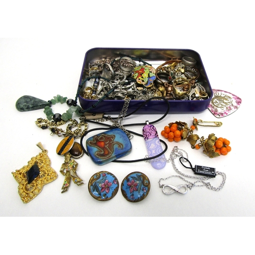 67 - Mixed lot of jewellery, vintage enamel buttons, Swarovski necklace etc.