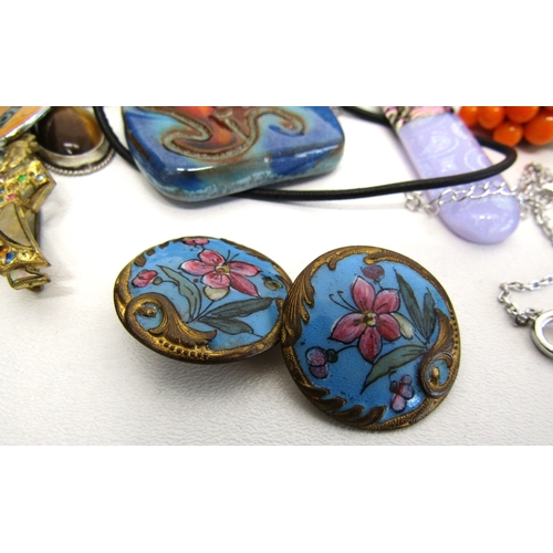 67 - Mixed lot of jewellery, vintage enamel buttons, Swarovski necklace etc.