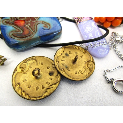 67 - Mixed lot of jewellery, vintage enamel buttons, Swarovski necklace etc.