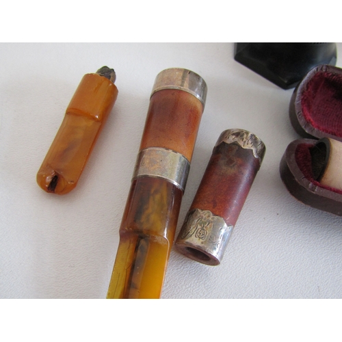 82 - Collection of vintage tobacciana including silver-mounted walnut pipe with fitted case, amber and si... 