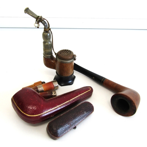 82 - Collection of vintage tobacciana including silver-mounted walnut pipe with fitted case, amber and si... 